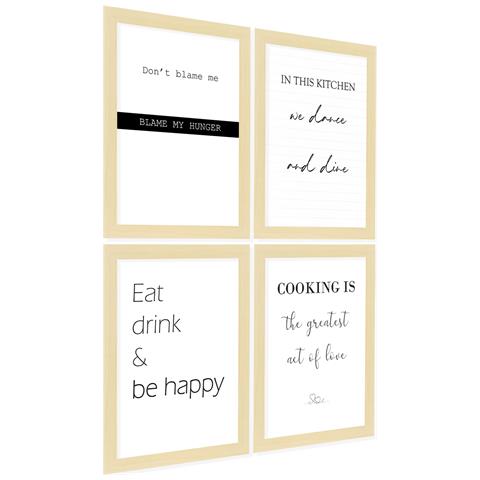 Set Di 4 Stampe Stampa Con Citazioni In Cucina Messaggi Stampa Illustrazioni Cartelli In Bianco E Nero In Moderno Per Telaio In Legno Chiaro A4 - Foto 1