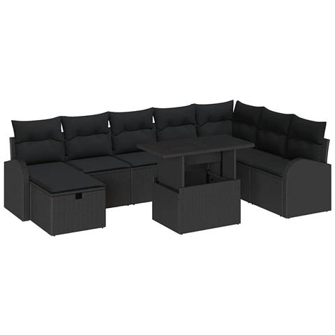 Set Divano da Giardino con cuscino 9 pcs Nero Poly Rattan - Foto 1