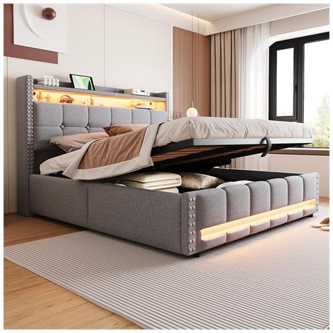 Letto Imbottito 160x200cm, Con Sistema Idraulico Per Il Contenimento, Matrimoniale, Grigio Chiaro - Foto 1
