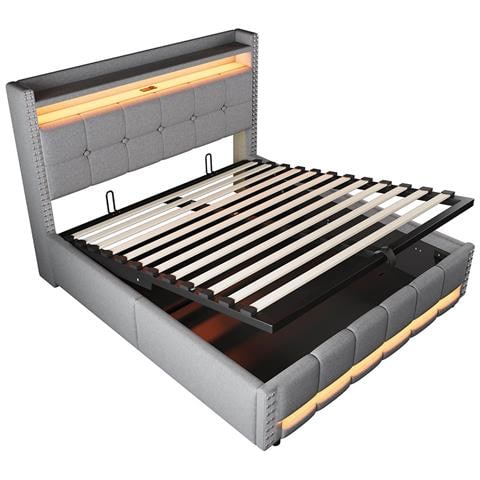 Letto Imbottito 160x200cm, Con Sistema Idraulico Per Il Contenimento, Matrimoniale, Grigio Chiaro - Foto 4