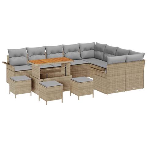 Set Divano Giardino 13 Pezzi con Cuscini Beige Polyrattan Acacia, Divano Giardino 2 Posti con Spazio di Stoccaggio e Cuscini Beige Polyrattan, Set da Pranzo Giardino 4 Pezzi con Cuscini Beige Polyrattan Acacia - Foto 1