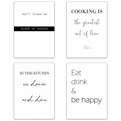 Set Di 4 Stampe Stampa Con Citazioni In Cucina Messaggi Stampa Illustrazioni Cartelli In Bianco E Nero In Moderno Per Senza Cornice A4 - Foto 1