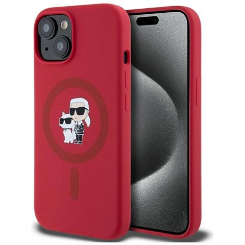 Custodia In Silicone Karl Lagerfeld Con Teste Di Karl E Choupette, Magsafe, Iphone 15, Rossa - Foto 1
