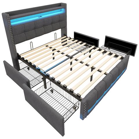 Letto Imbottito 140x200 Cm, Testiera Con Ripiani E Vano Contenitore Con 4 Cassetti, Letto Matrimoniale Grigio - Foto 2