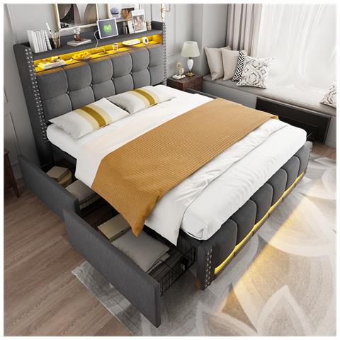 Letto Imbottito 140x200 Cm, Testiera Con Ripiani E Vano Contenitore Con 4 Cassetti, Letto Matrimoniale Grigio - Foto 1