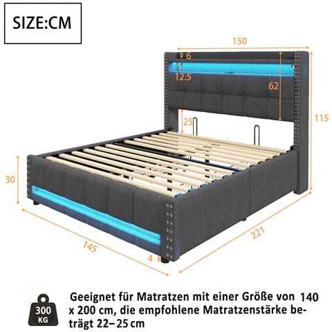 Letto Imbottito 140x200 Cm, Testiera Con Ripiani E Vano Contenitore Con 4 Cassetti, Letto Matrimoniale Grigio - Foto 4