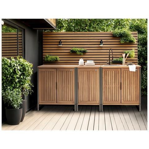 Set Cucina Da Esterno 3 Elementi Con Lavello Ivrea Legno Di Acacia Certificato Marrone/ Nero - Foto 1