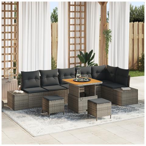 Set di Divani da Giardino 9 Pezzi con Cuscini Grigio Polyrattan Acacia, Divano da Giardino 2 Posti con Cuscini Grigio Polyrattan, Set da Pranzo per Giardino 3 Pezzi con Cuscini Grigio Polyrattan Acacia - Foto 2