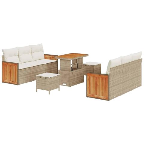 Set Divano da Giardino 9 Pezzi con Cuscini Beige Polyrattan Acacia, Divano da Giardino 2 Posti con Cuscini Beige Polyrattan, Set da Pranzo da Giardino 3 Pezzi con Cuscini Beige Polyrattan Acacia - Foto 1