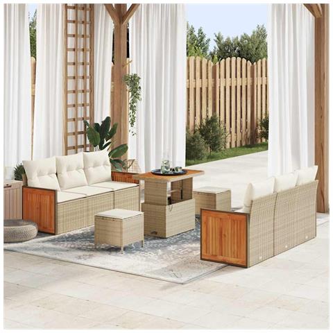 Set Divano da Giardino 9 Pezzi con Cuscini Beige Polyrattan Acacia, Divano da Giardino 2 Posti con Cuscini Beige Polyrattan, Set da Pranzo da Giardino 3 Pezzi con Cuscini Beige Polyrattan Acacia - Foto 2