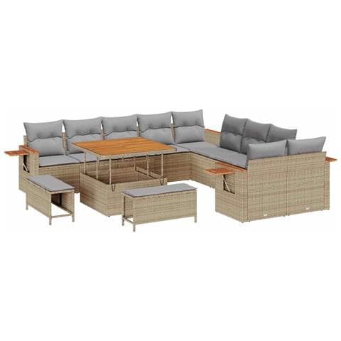Set Divano Giardino 13 Pezzi con Cuscini Beige Polyrattan Acacia, Set da Pranzo Giardino 3 Pezzi con Cuscini Beige Polyrattan Acacia - Foto 1