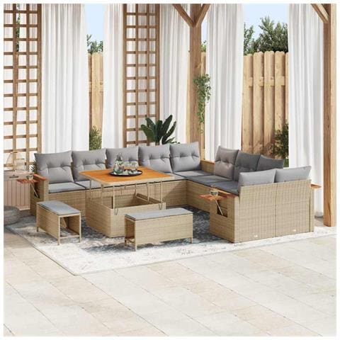 Set Divano Giardino 13 Pezzi con Cuscini Beige Polyrattan Acacia, Set da Pranzo Giardino 3 Pezzi con Cuscini Beige Polyrattan Acacia - Foto 2