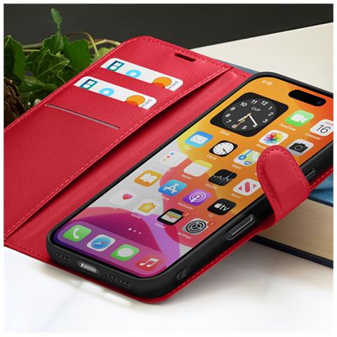 Custodia A Portafoglio Per Iphone 16 Pro Funzione Supporto E Linguetta Magnetica, Rosso - Foto 2