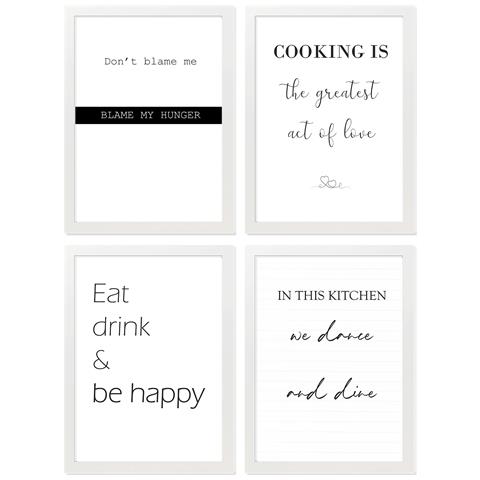 Set Di 4 Stampe Stampa Con Citazioni In Cucina Messaggi Stampa Illustrazioni Cartelli In Bianco E Nero In Moderno Per Cornice Bianca A4 - Foto 1