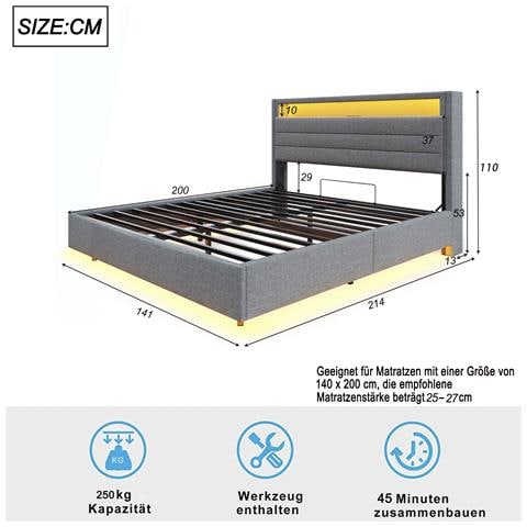 Letto Imbottito Con Usb, Luci Led E Contenitore Idraulico - Foto 3