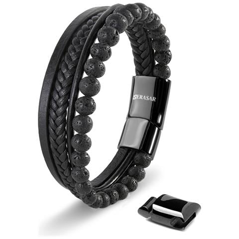 Bracciale Premium In Vera Pelle Da Uomo, Nero | Perline In Pietra Naturale | 20 Cm | Chiusura Magnetica In Acciaio Inossidabile - Foto 1