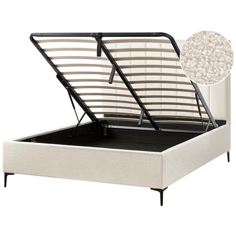 Letto Matrimoniale Tessuto Bouclè Bianco Sporco Con Contenitore 160 X 200 Cm Sezanne - Foto 2