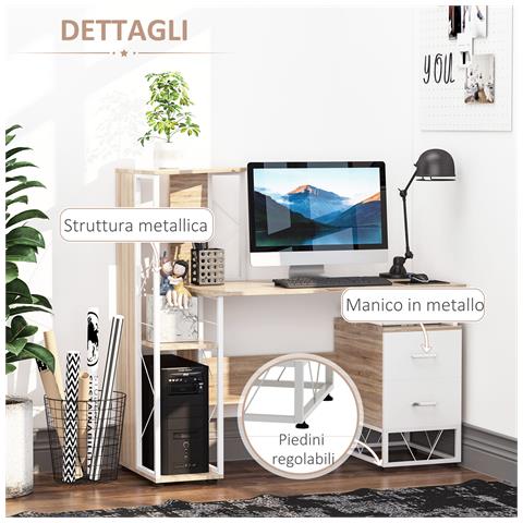 Scrivania per PC con 2 Cassetti e scaffali 133x55x123 cm Legno Chiaro e Bianco - Foto 2