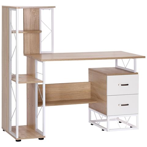 Scrivania per PC con 2 Cassetti e scaffali 133x55x123 cm Legno Chiaro e Bianco - Foto 1