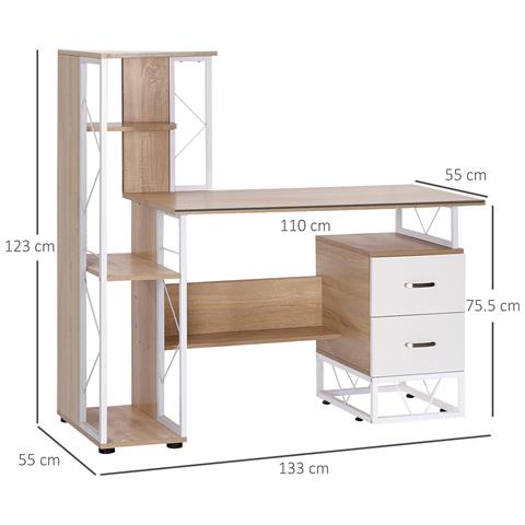Scrivania per PC con 2 Cassetti e scaffali 133x55x123 cm Legno Chiaro e Bianco - Foto 6