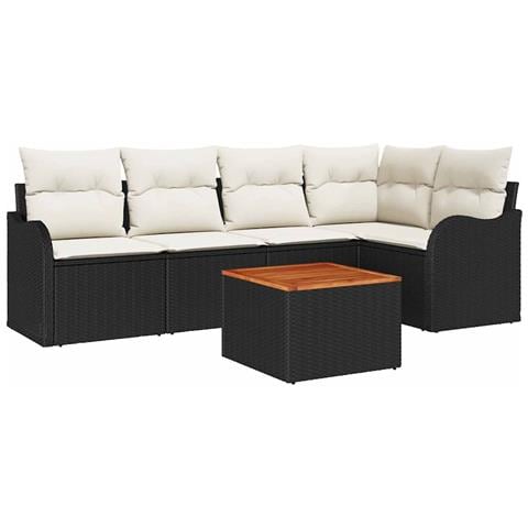 Set di divani da giardino  a 6 pezzi con cuscini in polyrattan nero e legno di acacia, Divano da giardino a 2 posti  con spazio di stoccaggio e cuscini in polyrattan nero - Foto 1