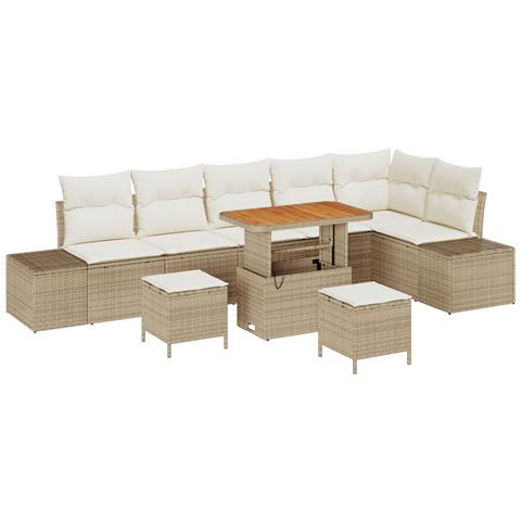 Set Divano da Giardino 9 Pezzi con Cuscini Beige Polyrattan Acacia, Divano da Giardino 2 Posti con Cuscini Beige Polyrattan, Set da Pranzo da Giardino 3 Pezzi con Cuscini Beige Polyrattan Acacia - Foto 1