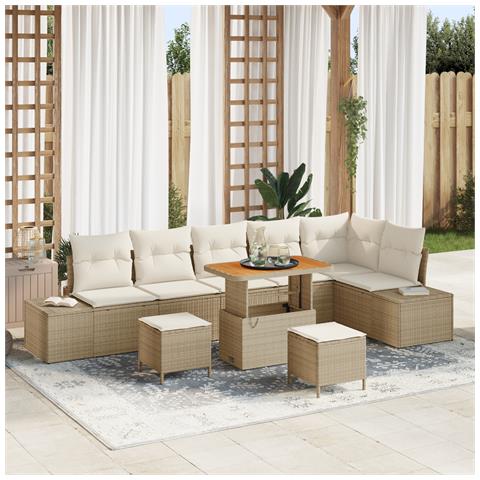 Set Divano da Giardino 9 Pezzi con Cuscini Beige Polyrattan Acacia, Divano da Giardino 2 Posti con Cuscini Beige Polyrattan, Set da Pranzo da Giardino 3 Pezzi con Cuscini Beige Polyrattan Acacia - Foto 2