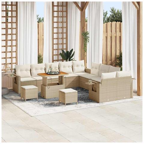 Set Divano Giardino 13 Pezzi con Cuscini Beige Polyrattan Acacia, Set da Pranzo Giardino 3 Pezzi con Cuscini Beige Polyrattan Acacia - Foto 2