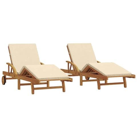 Set di 2 lettini prendisole con cuscini e ruote Beige in legno solido Acacia,  Lettino prendisole pieghevole con ruote e cuscino Beige in legno solido Acacia - Foto 1