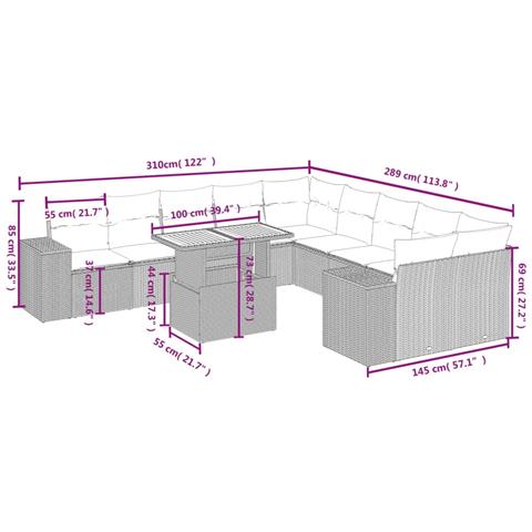 Set Divani da Giardino 11 pz con Cuscini in Polyrattan Grigio - Foto 3