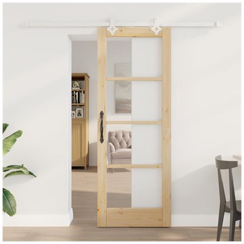 Porte Scorrevoli  con Set di Hardware 73.5x198.5 cm in Legno Massello di Pino, Porta Interna  con Vetro 'ORKDAL'73.5x198.5x4 cm in Legno Massello di Pino - Foto 2