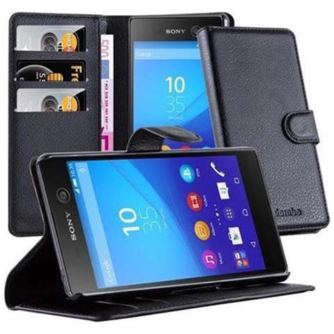Custodia Compatibile Con Sony Xperia M5 In Nero Carbone - Coperchio Protettiva Con Chiusura Magnetica, Funzione Stand E Tasca Per Le Carte - Foto 1