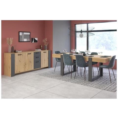 Buffet Loft - Decor Chene Artisan En Melamine Gray Shadow - 3 Deuren En 3 Laden - L 220 X D 52 X H 86,5 Cm - - Foto 1