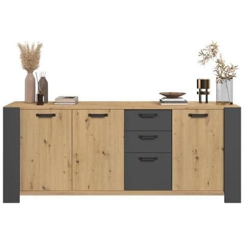 Buffet Loft - Decor Chene Artisan En Melamine Gray Shadow - 3 Deuren En 3 Laden - L 220 X D 52 X H 86,5 Cm - - Foto 2