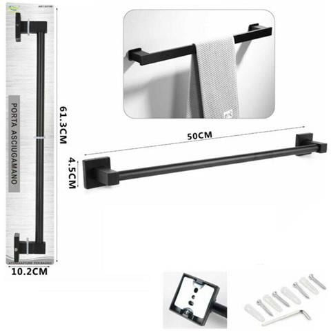 Porta Asciugamani Asta Supporto 50cm Bagno Da Muro Asciuga Mano Casa Nero 02108 - Foto 2