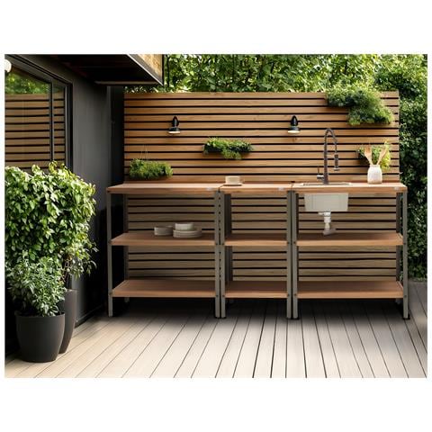 Set Cucina Da Esterno 3 Elementi Con Lavello Ivrea Legno Di Acacia Certificato Marrone/ Nero - Foto 1