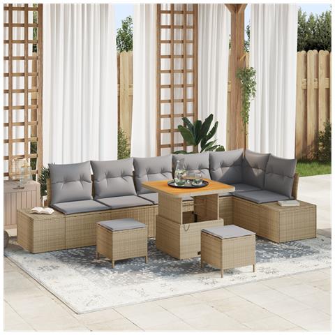 Set Divano da Giardino  9 Pezzi con Cuscini Beige Polyrattan Acacia, Divano da Giardino  2 Posti con Cuscini Beige Polyrattan, Set da Pranzo Giardino  3 Pezzi con Cuscini Beige Polyrattan Acacia - Foto 2