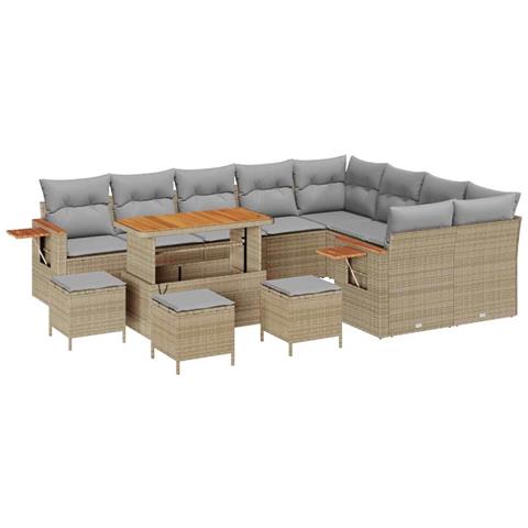 Set Divano Giardino 13 pezzi con cuscini Beige Polyrattan Acacia, Set Pranzo Giardino 4 pezzi con cuscini Beige Polyrattan Acacia - Foto 1