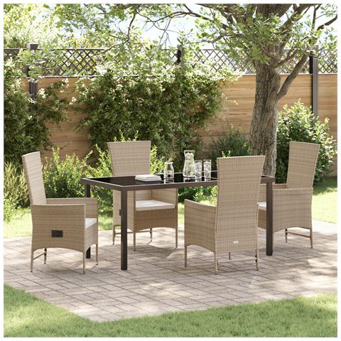 Set da pranzo giardino 5 pezzi con cuscini beige polirattan - Foto 2