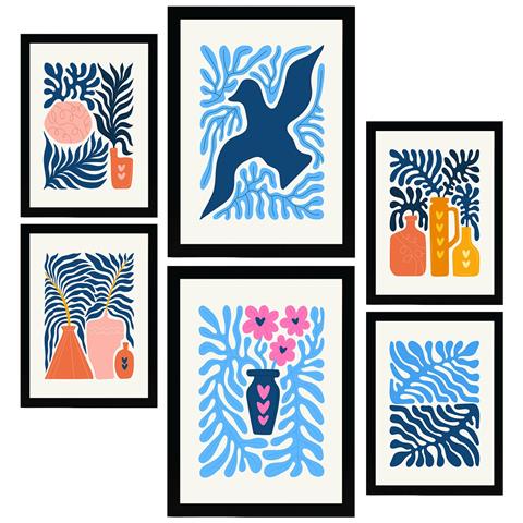 Set Di 6 Stampe Stampe Minimaliste Di Paesaggi E Natura Con Foglie Blu Dai Colori Vivaci Per L'interior Design A3 & A4 Senza Cornice - Foto 1