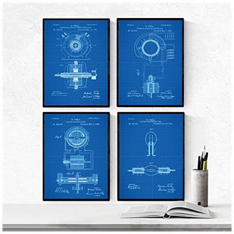 Set Di 4 Stampe Su Sfondo Blu Brevetto Macchinari Energia Elettrica Progetto Iniziale Per Produzione D'antiquariato Macchinari Senza Cornice A4 - Foto 1