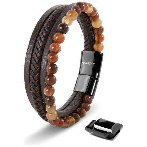 Bracciale Premium In Vera Pelle Da Uomo, Marrone | Perline In Pietra Naturale | 17 Cm | Chiusura Magnetica In Acciaio Inossidabile - Foto 1