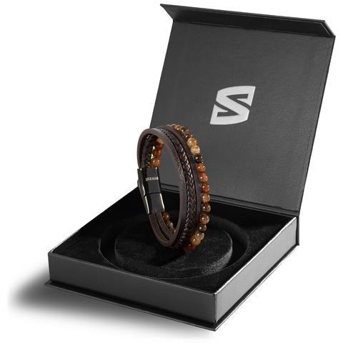 Bracciale Premium In Vera Pelle Da Uomo, Marrone | Perline In Pietra Naturale | 17 Cm | Chiusura Magnetica In Acciaio Inossidabile - Foto 2