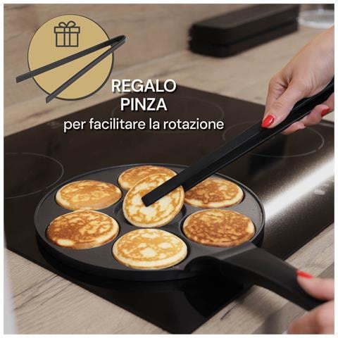 Padella per Pancakes Antiaderente con 7 Stampi | Diametro 26 cm | Ideale per tutti i Piani Cottura, Incluso Induzione | Manico Ergonomico Soft Touch | In Regalo Pinze da Cucina - Foto 2