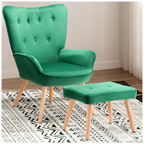 Poltrona Con Sgabello Da Salotto In Velluto Verde Sedia Con Poggiapiedi Moderno - Foto 1