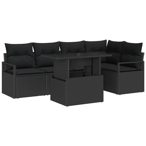 Set di Divani da Giardino  a 6 Pezzi con Cuscini Rattan Nero, Divano da Giardino a 2 Posti  con Magazzino e Cuscini Rattan Nero - Foto 1