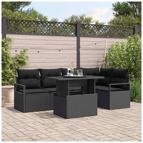 Set di Divani da Giardino  a 6 Pezzi con Cuscini Rattan Nero, Divano da Giardino a 2 Posti  con Magazzino e Cuscini Rattan Nero - Foto 2