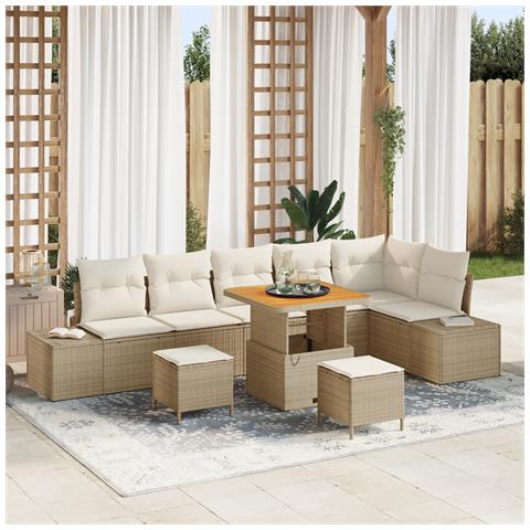 Set Divano da Giardino  9 Pezzi con Cuscini Beige Polyrattan Acacia, Divano da Giardino  2 Posti con Cuscini Beige Polyrattan, Set di Pranzo da Giardino  3 Pezzi con Cuscini Beige Polyrattan Acacia - Foto 2