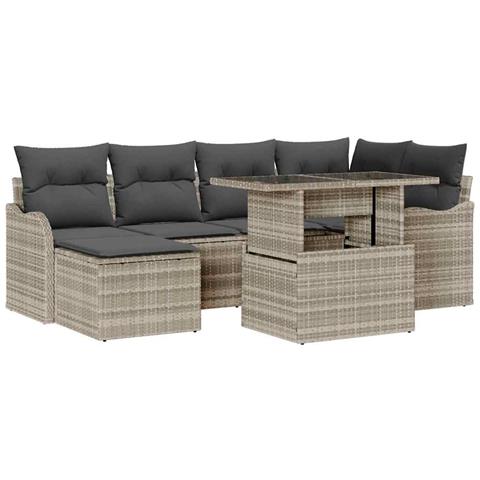 Set Divano da Giardino 7 Pezzi con Cuscini Grigio Chiaro in Rattan Poliestere, Divano da Giardino 2 Posti con Cuscini Grigio Chiaro in Rattan Poliestere - Foto 1