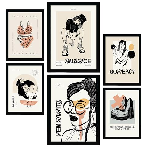 Set Di 6 Stampe Stampe Artistiche In Stile Schizzo Con Inchiostro Nero Per L'interior Design A3 & A4 Senza Cornice - Foto 1